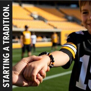 Pittsburgh Steelers Fan Bracelet • Black Agate • Teen Boys Girls Unisex 6.75"